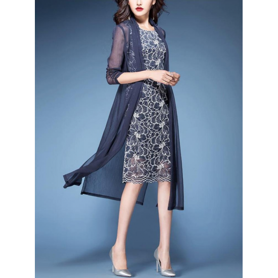 Elegant Women 3/4 Sleeve Two Pieces Set Floral Chiffon Dress