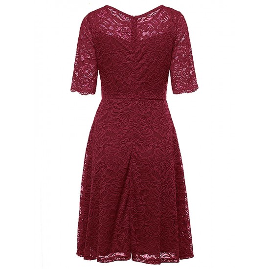 Elegant Women Lace Crochet O-Neck Zipper Short Sleeve Party Dresses