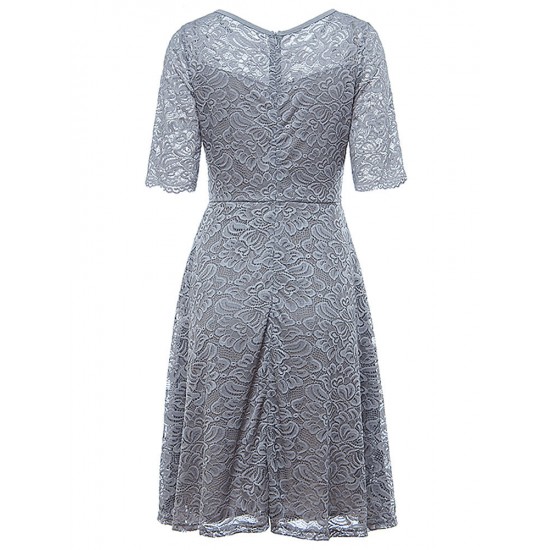 Elegant Women Lace Crochet O-Neck Zipper Short Sleeve Party Dresses