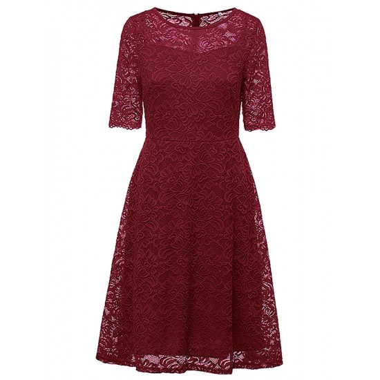 Elegant Women Lace Crochet O-Neck Zipper Short Sleeve Party Dresses