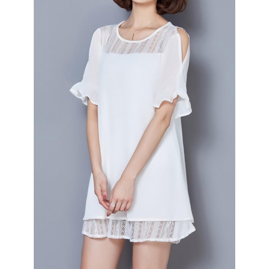 Elegant Women Lace Patchwork Hollow Off Shoulder Chiffon Dress