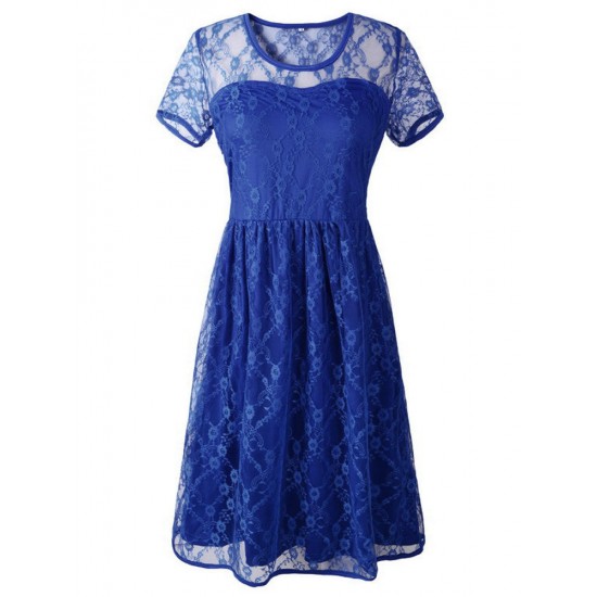 Women Vestido Sexy Lace Short Sleeve Backless Knee Length Party Dress