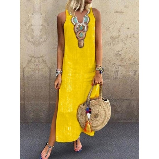 Bohemian Sleeveless V Neck Floral Print Side Split Maxi Dress