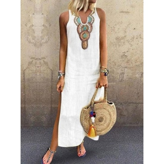 Bohemian Sleeveless V Neck Floral Print Side Split Maxi Dress