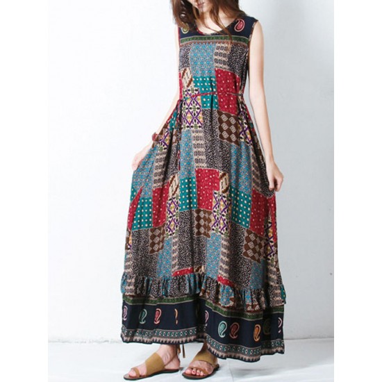 Bohemian Women Sleeveless O-Neck Printed Maxi Tank Dress