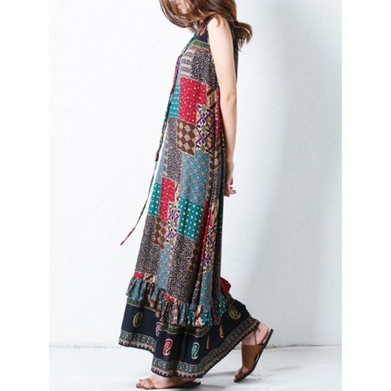 Bohemian Women Sleeveless O-Neck Printed Maxi Tank Dress