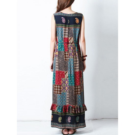 Bohemian Women Sleeveless O-Neck Printed Maxi Tank Dress