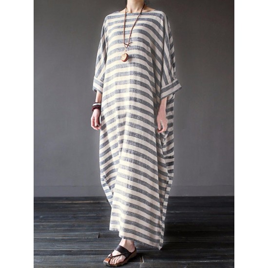 Casual Women 3/4 Sleeve Striped O-Neck Baggy Cotton Maxi Dress