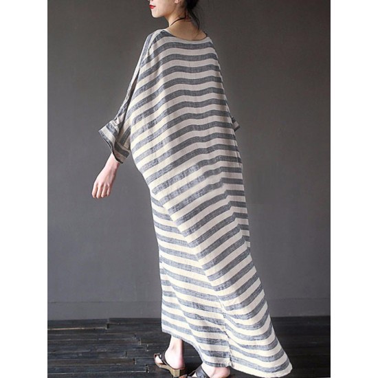 Casual Women 3/4 Sleeve Striped O-Neck Baggy Cotton Maxi Dress