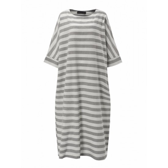 Casual Women 3/4 Sleeve Striped O-Neck Baggy Cotton Maxi Dress