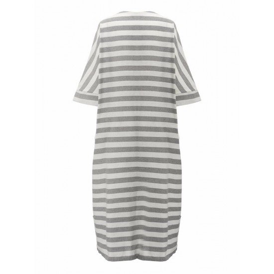 Casual Women 3/4 Sleeve Striped O-Neck Baggy Cotton Maxi Dress