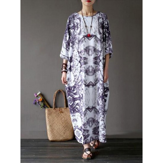 Casual Women Random Floral Printing Batwing Sleeve Maxi Dresses