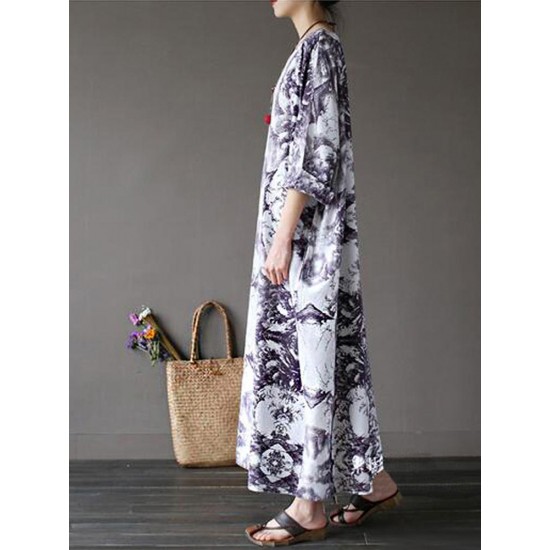 Casual Women Random Floral Printing Batwing Sleeve Maxi Dresses