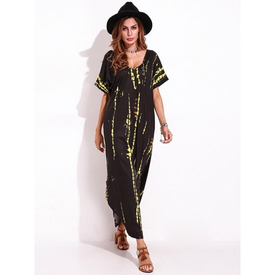 Casual Women Tie Dye Short Sleeve V-neck Loose Split Maxi Dresses