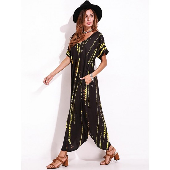 Casual Women Tie Dye Short Sleeve V-neck Loose Split Maxi Dresses