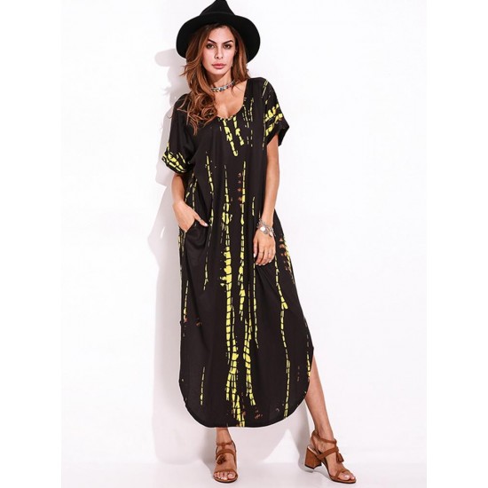 Casual Women Tie Dye Short Sleeve V-neck Loose Split Maxi Dresses