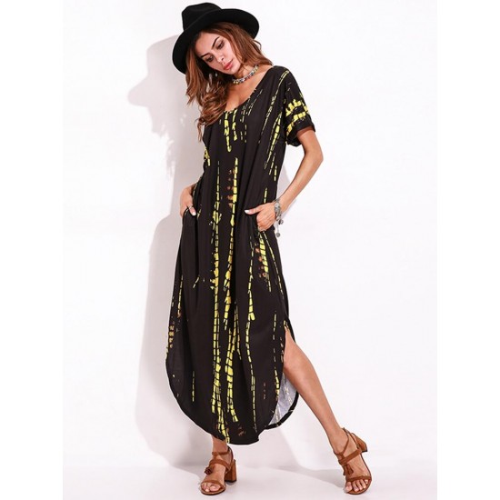 Casual Women Tie Dye Short Sleeve V-neck Loose Split Maxi Dresses