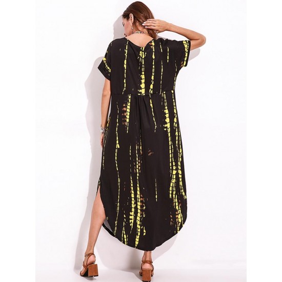 Casual Women Tie Dye Short Sleeve V-neck Loose Split Maxi Dresses