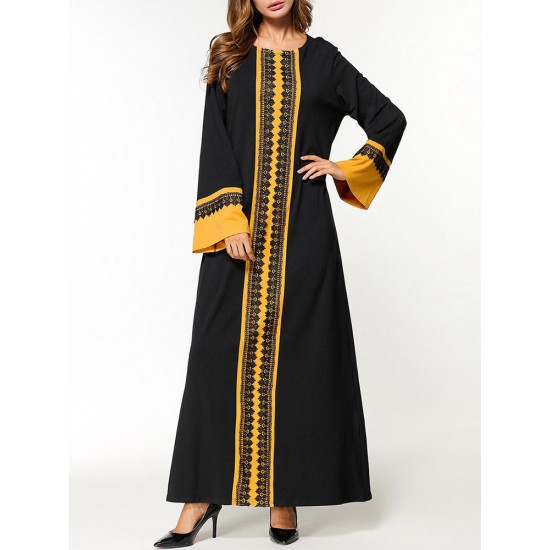 Contrast Color Lace Stitching Long Sleeve O-Neck Maxi Dress For Women