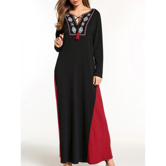 Ethnic Women Embroidery V-Neck Lace Up Long Sleeve Maxi Dress