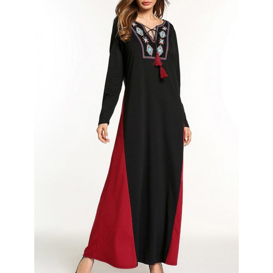 Ethnic Women Embroidery V-Neck Lace Up Long Sleeve Maxi Dress