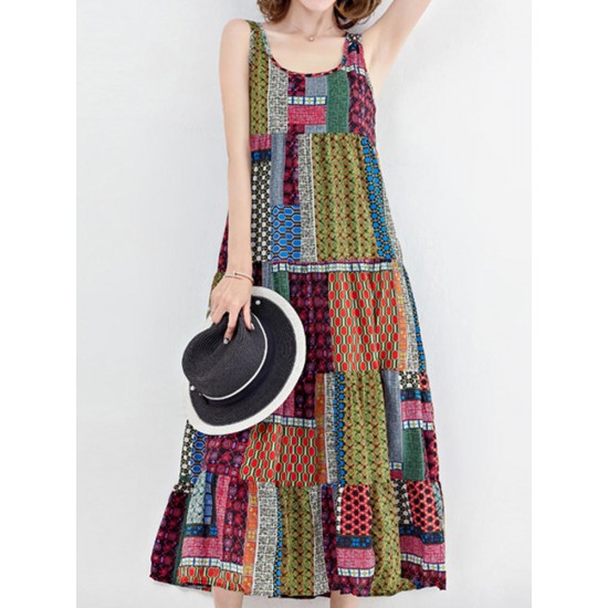 Gracila Bohemian Women Sleeveless Patchwork O-Neck Maxi Tank Dress