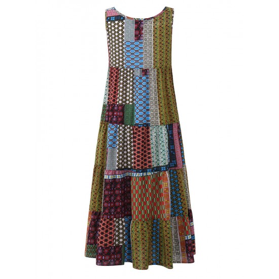 Gracila Bohemian Women Sleeveless Patchwork O-Neck Maxi Tank Dress