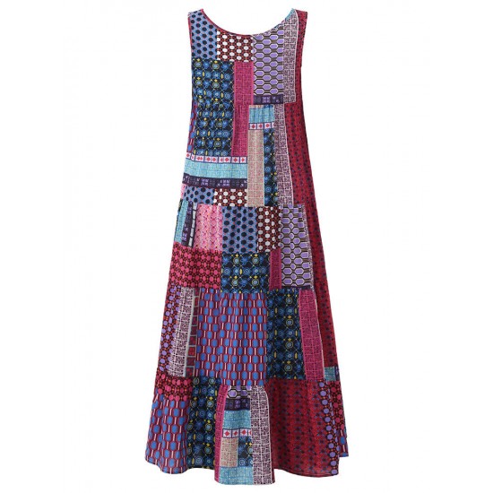 Gracila Bohemian Women Sleeveless Patchwork O-Neck Maxi Tank Dress