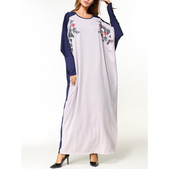 Loose Women Floral Embroidered Batwing Sleeve O-Neck Maxi Dress