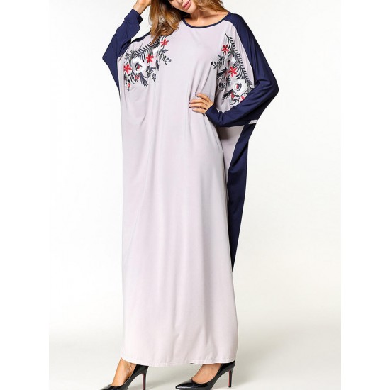 Loose Women Floral Embroidered Batwing Sleeve O-Neck Maxi Dress