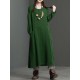 Retro Women O-Neck Long Sleeve Solid Color Pocket Maxi Dress