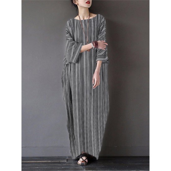S-5XL Vintage Women Cotton Loose Striped Long Sleeve Dress