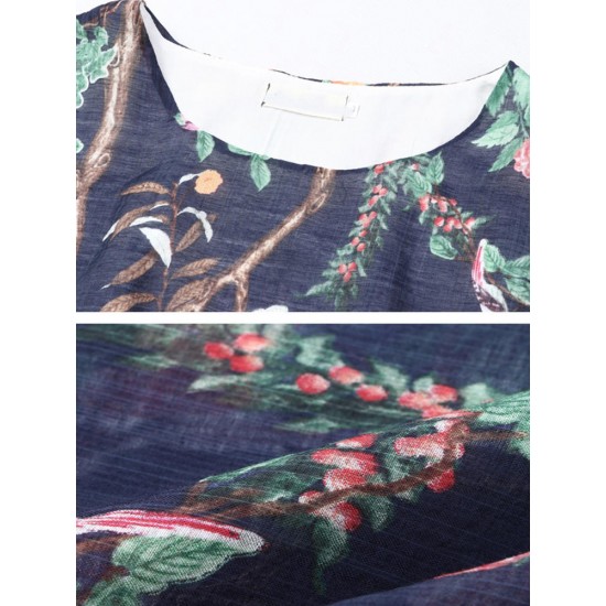 Vintage Women Floral Printed Side Pocket O-Neck Maxi Dress