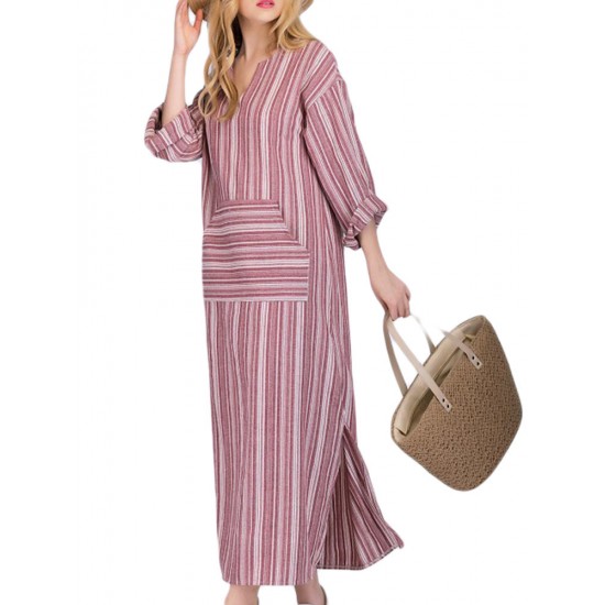 Women Casual Stripe V-neck Big Pocket Long Maxi Dress