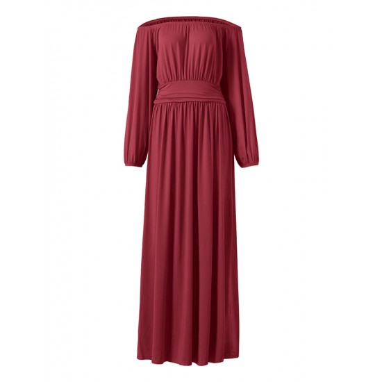 Elegant Solid Long Sleeve Vintage Waist Pleated Women Maxi Dress