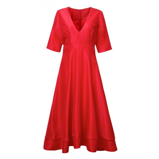 Elegant Women Deep V-Neck Pure Color Long Dress