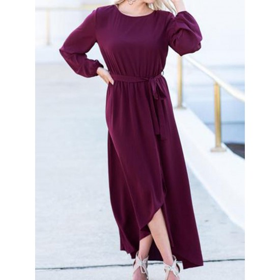 Elegant Women High Split Front Cross Irregular Hem Long Sleeve Dress with Belt