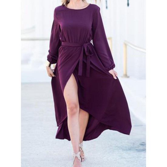 Elegant Women High Split Front Cross Irregular Hem Long Sleeve Dress with Belt