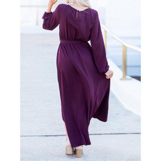 Elegant Women High Split Front Cross Irregular Hem Long Sleeve Dress with Belt