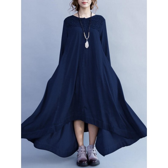 Elegant Women Lace Crochet Patchwork O-Neck Irregular Maxi Swing Dress
