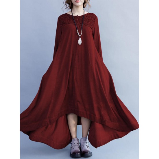 Elegant Women Lace Crochet Patchwork O-Neck Irregular Maxi Swing Dress