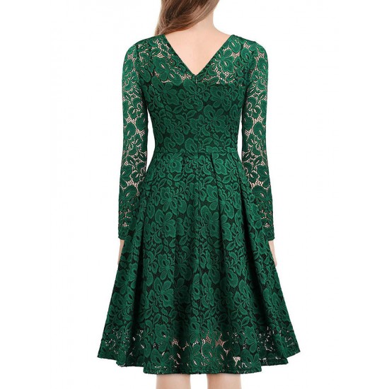 Elegant Women Lace Hollow Out V-Neck Dress