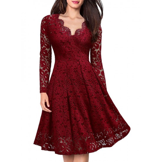 Elegant Women Lace Hollow Out V-Neck Dress