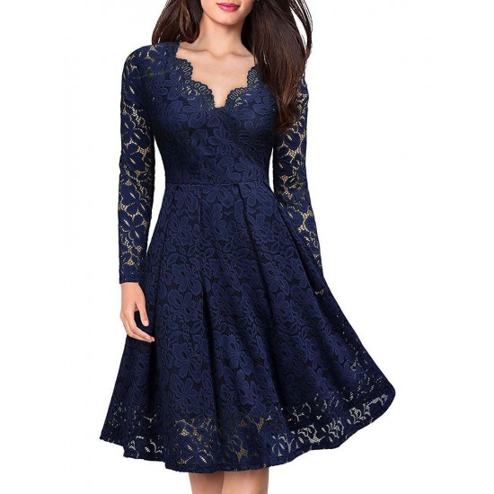 Elegant Women Lace Hollow Out V-Neck Dress