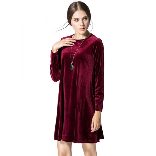 Elegant Women Long Sleeve Gold Velvet Round Neck A-Line Mini Dress