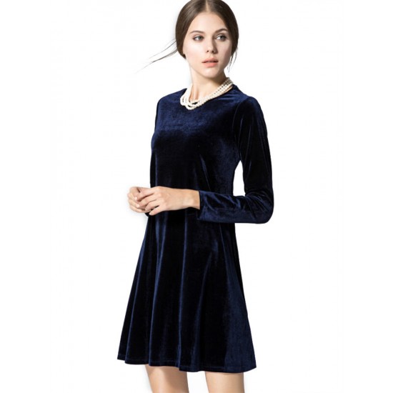 Elegant Women Long Sleeve Gold Velvet Round Neck A-Line Mini Dress