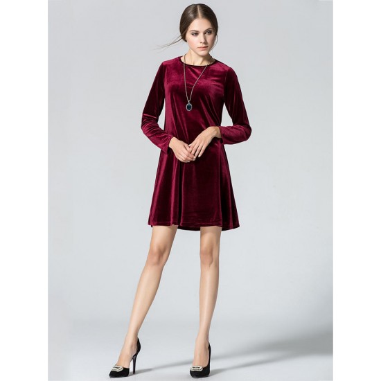 Elegant Women Long Sleeve Gold Velvet Round Neck A-Line Mini Dress