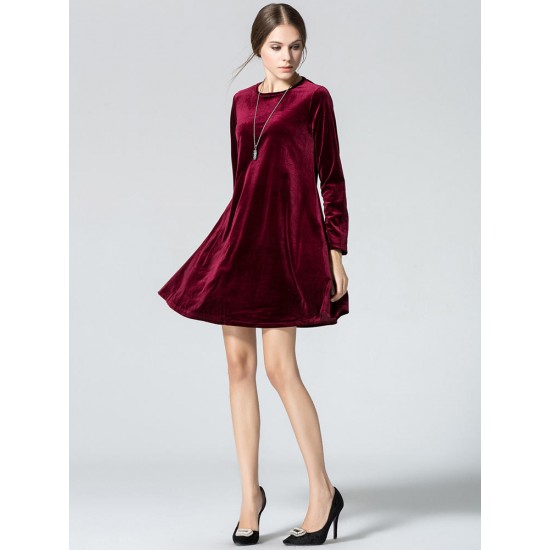 Elegant Women Long Sleeve Gold Velvet Round Neck A-Line Mini Dress