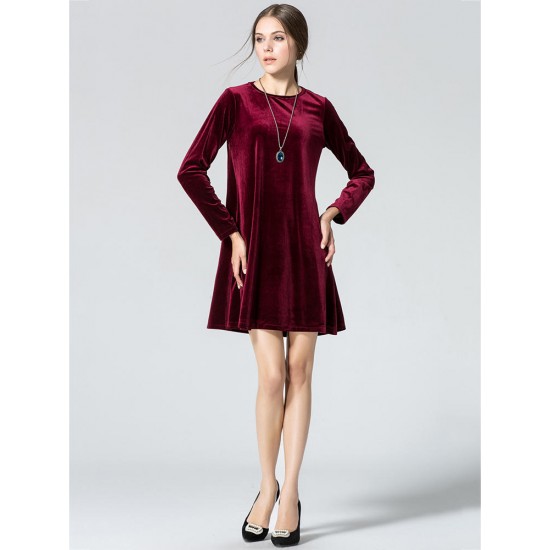 Elegant Women Long Sleeve Gold Velvet Round Neck A-Line Mini Dress