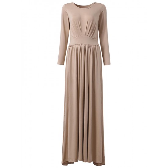 Elegant Women O-neck Long Sleeve Solid Color High Waist Maxi Dress